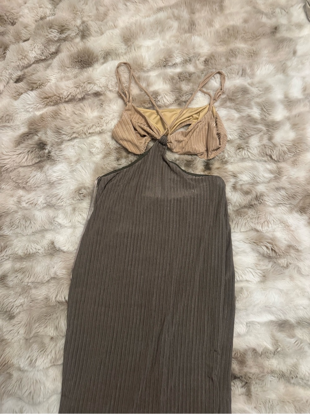 Two-Tone Ribbed Cutout Maxi Dress in Taupe and Beige
